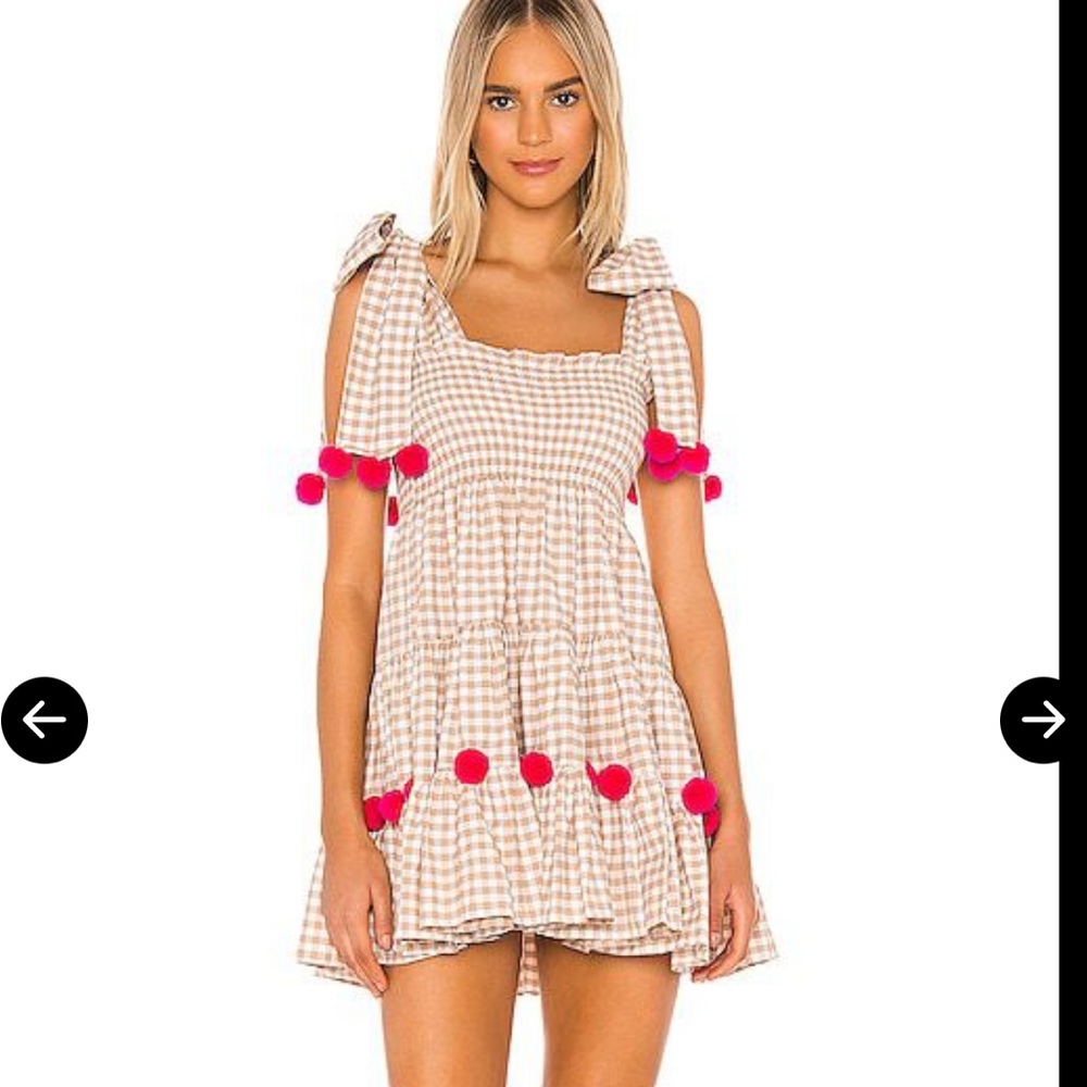 Cream and tan gingham sundress with hot pink balls XS/S Pippa